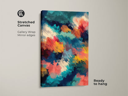 Stretched canvas featuring abstract art. Gallery wrapped with mirrored edges this art is ready to hang. The colorful brushstrokes create a modern and eye-catching display. Perfect for any space.