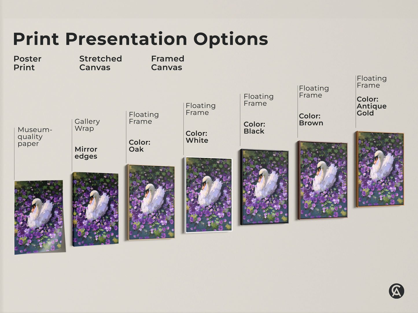 Explore print presentation options for the white swan art. Options include poster stretched and framed canvas. Each option beautifully showcases the painterly animal artwork. Find the perfect style for your eclectic home decor. These make great gifts for nature lovers.