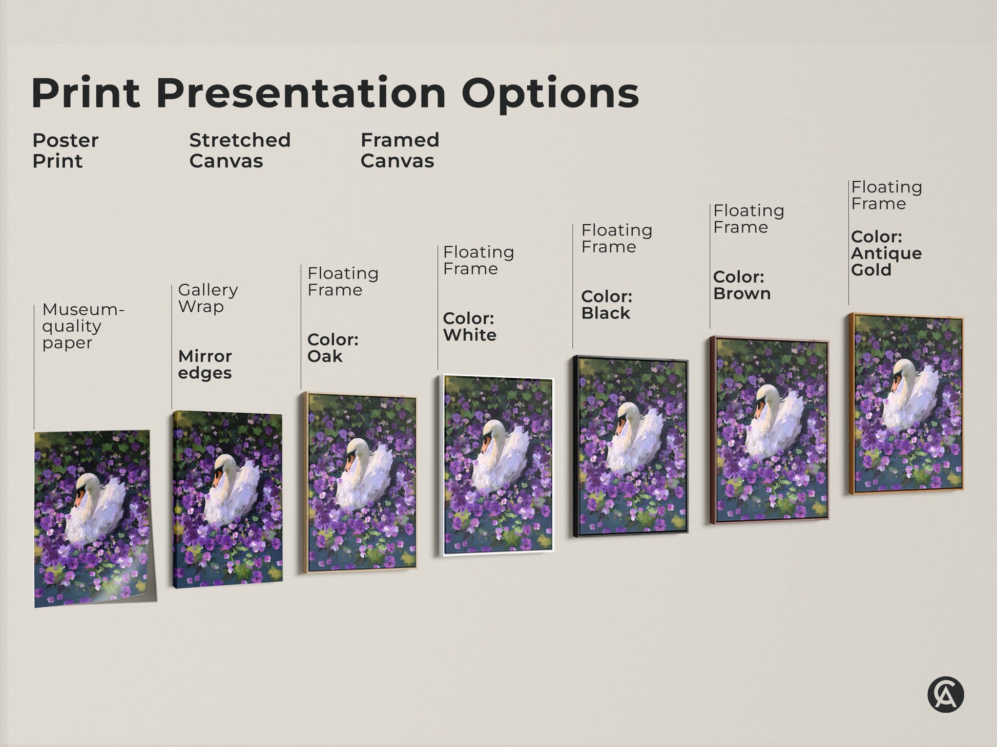 Explore print presentation options for the white swan art. Options include poster stretched and framed canvas. Each option beautifully showcases the painterly animal artwork. Find the perfect style for your eclectic home decor. These make great gifts for nature lovers.