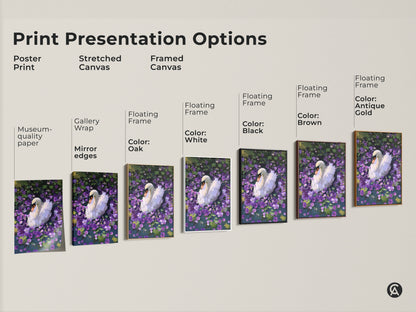 Explore print presentation options for the white swan art. Options include poster stretched and framed canvas. Each option beautifully showcases the painterly animal artwork. Find the perfect style for your eclectic home decor. These make great gifts for nature lovers.