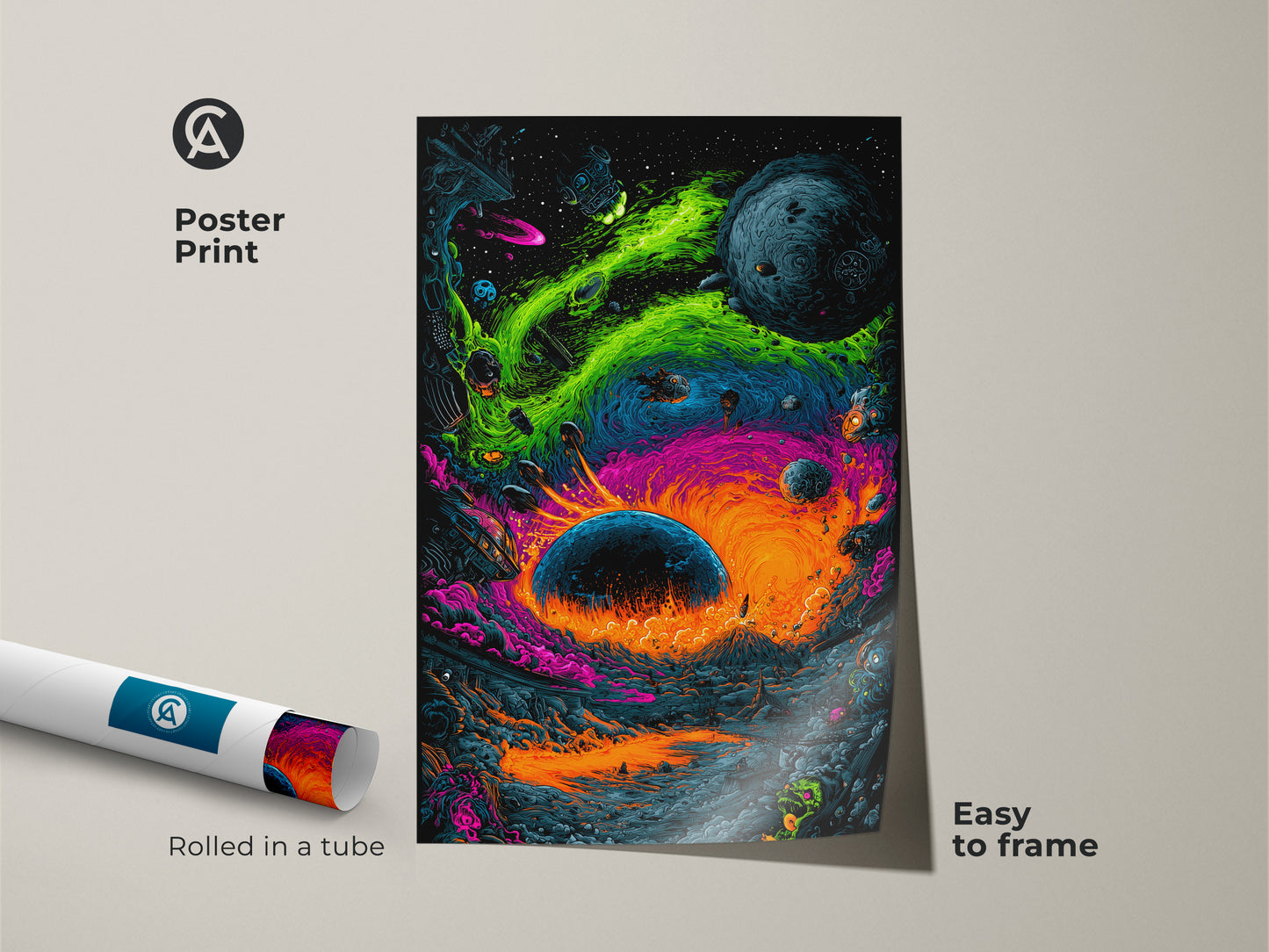 Get this poster print of a captivating space scene. It features a surreal alien landscape. Rolled in a tube for protection this poster is easy to frame. The vibrant colors and detailed artwork make it a standout piece. Perfect for adding a touch of cosmic art to any room. Easy to frame and display.