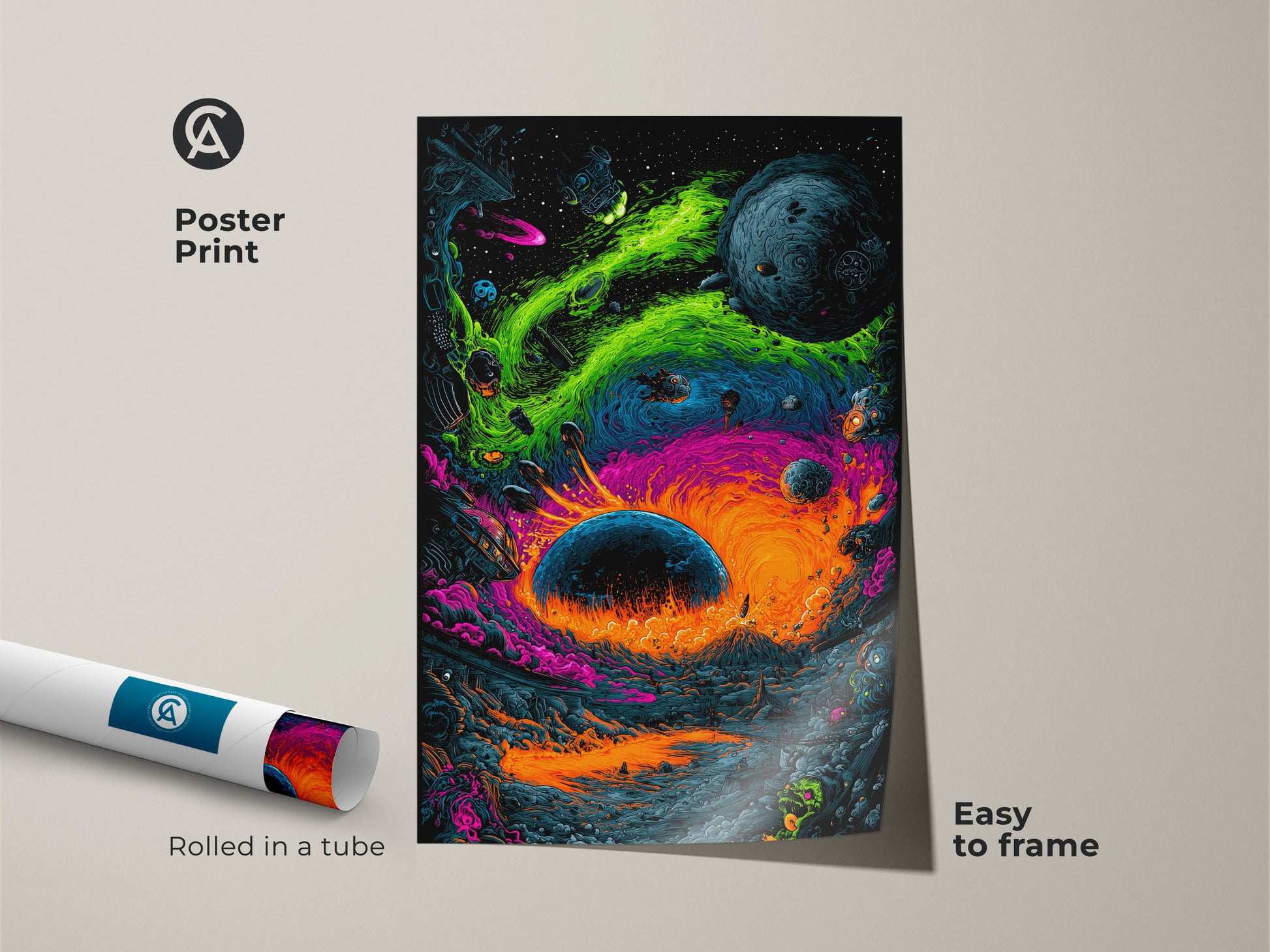Get this poster print of a captivating space scene. It features a surreal alien landscape. Rolled in a tube for protection this poster is easy to frame. The vibrant colors and detailed artwork make it a standout piece. Perfect for adding a touch of cosmic art to any room. Easy to frame and display.