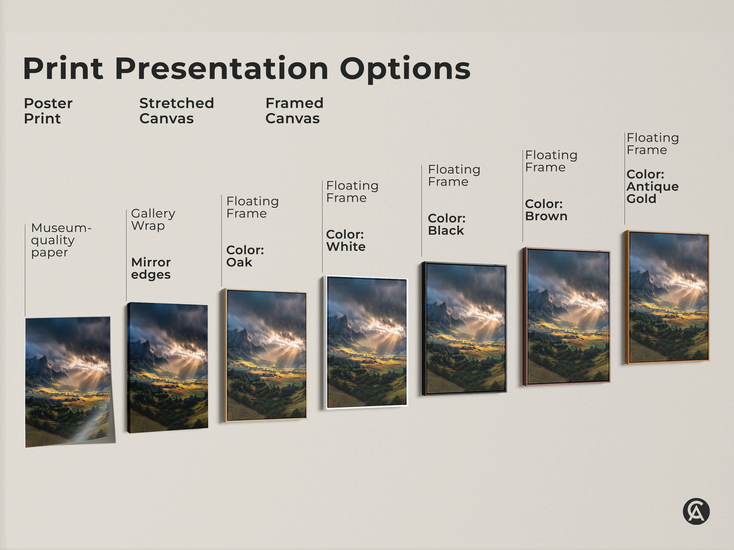 Print presentation options for mountain valley canvas art. Choose from poster print stretched canvas or framed canvas. Floating frame colors include white black brown oak and antique gold. Find the perfect style for your space.