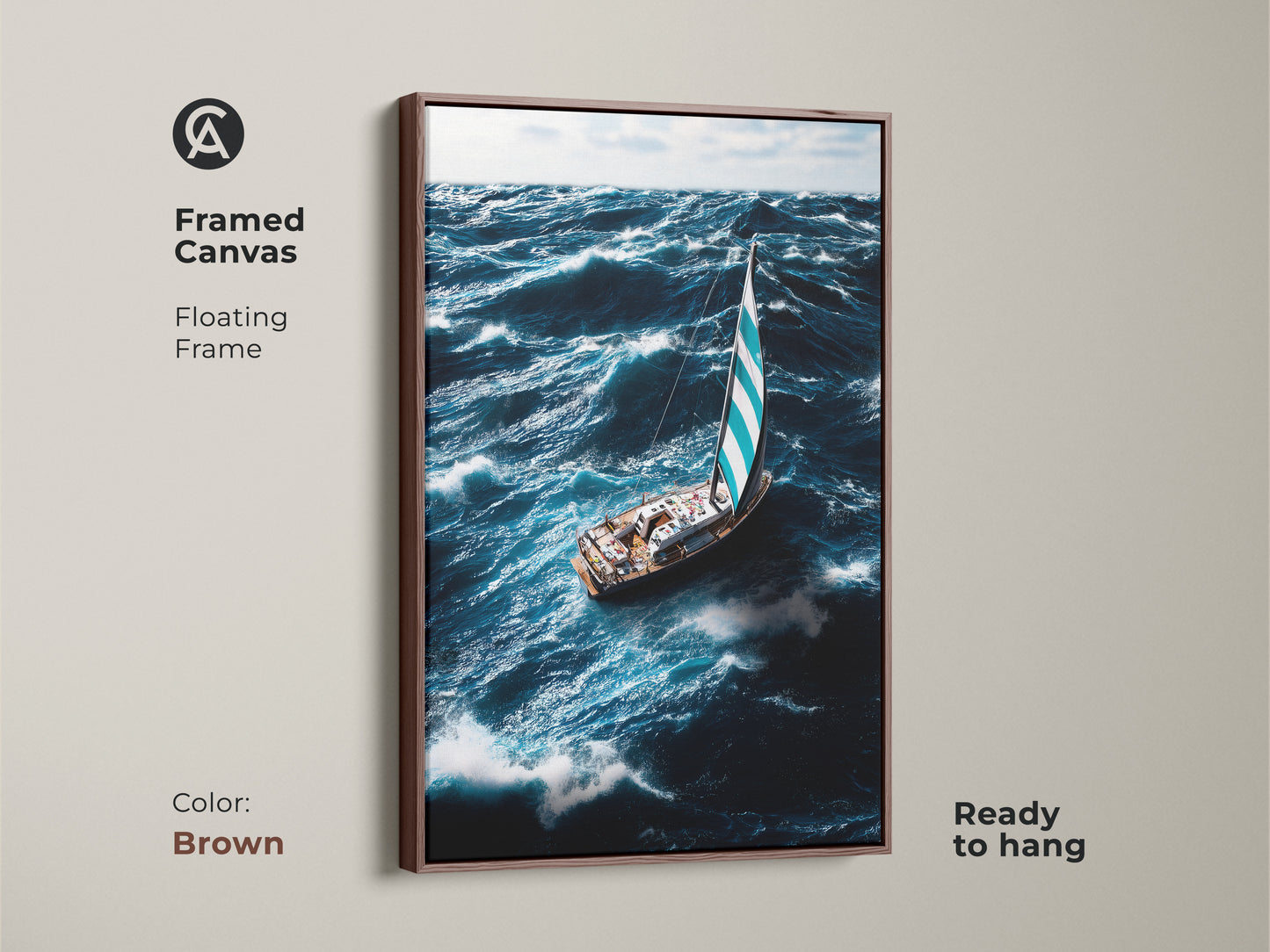 A framed canvas shows a sailboat navigating ocean waves. The floating frame is brown in color. This deep blue and teal ocean art adds elegance to any room. Realistic sailboat painting for coastal home decor. Perfect gift for sailors