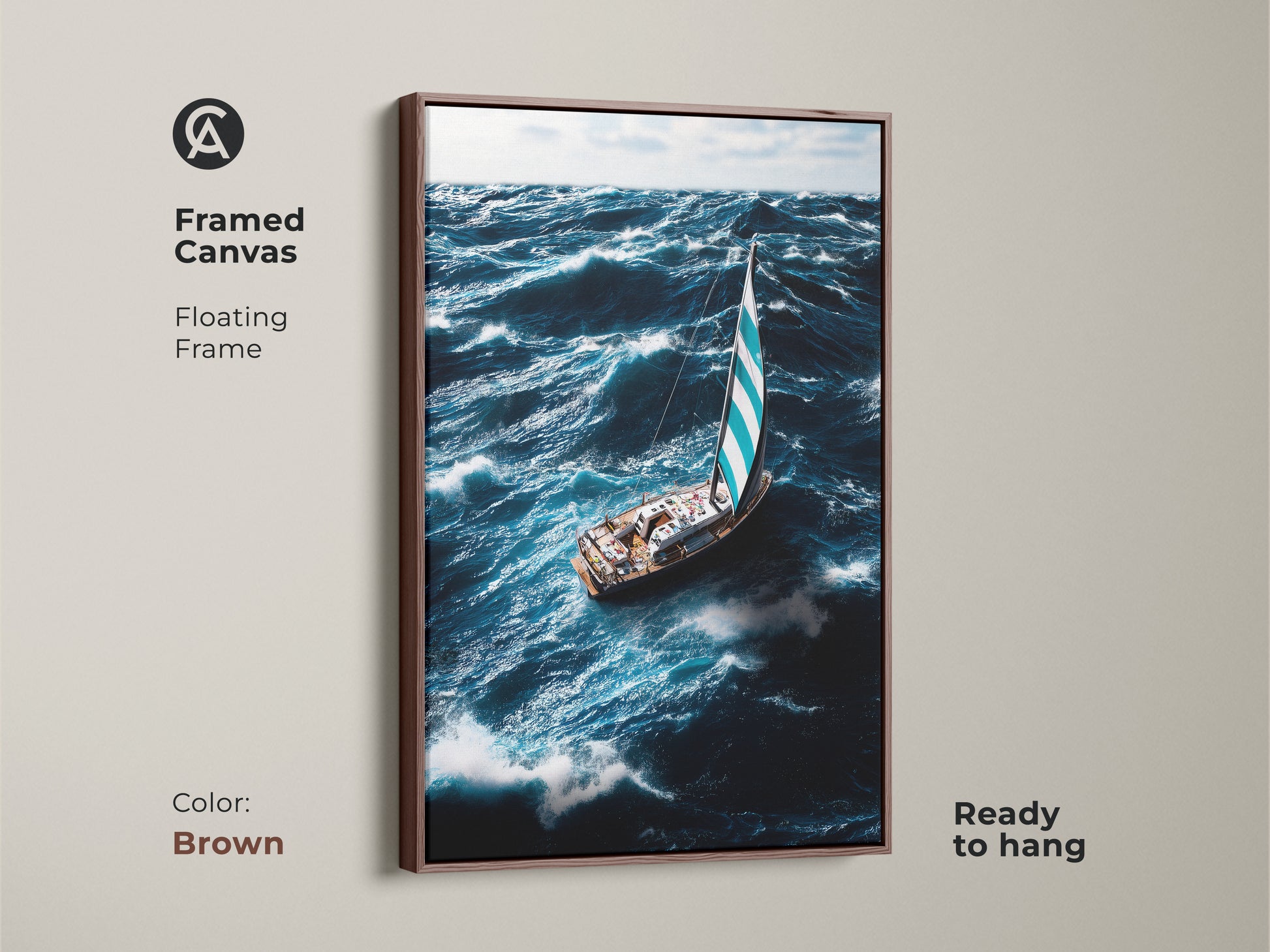 A framed canvas shows a sailboat navigating ocean waves. The floating frame is brown in color. This deep blue and teal ocean art adds elegance to any room. Realistic sailboat painting for coastal home decor. Perfect gift for sailors