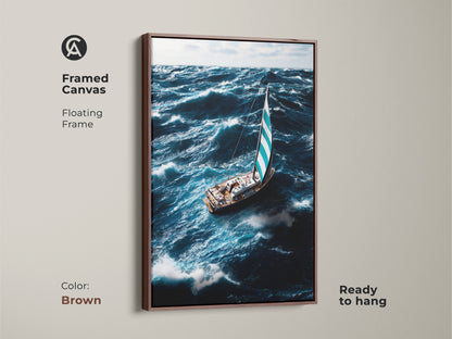 A framed canvas shows a sailboat navigating ocean waves. The floating frame is brown in color. This deep blue and teal ocean art adds elegance to any room. Realistic sailboat painting for coastal home decor. Perfect gift for sailors