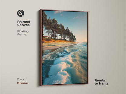 Framed Canvas print of a tranquil beach with pine trees. The brown floating frame complements the teal sandy gold colors. This ready-to-hang artwork is perfect for adding a nature inspired touch to your home. A great gift for ocean lovers.