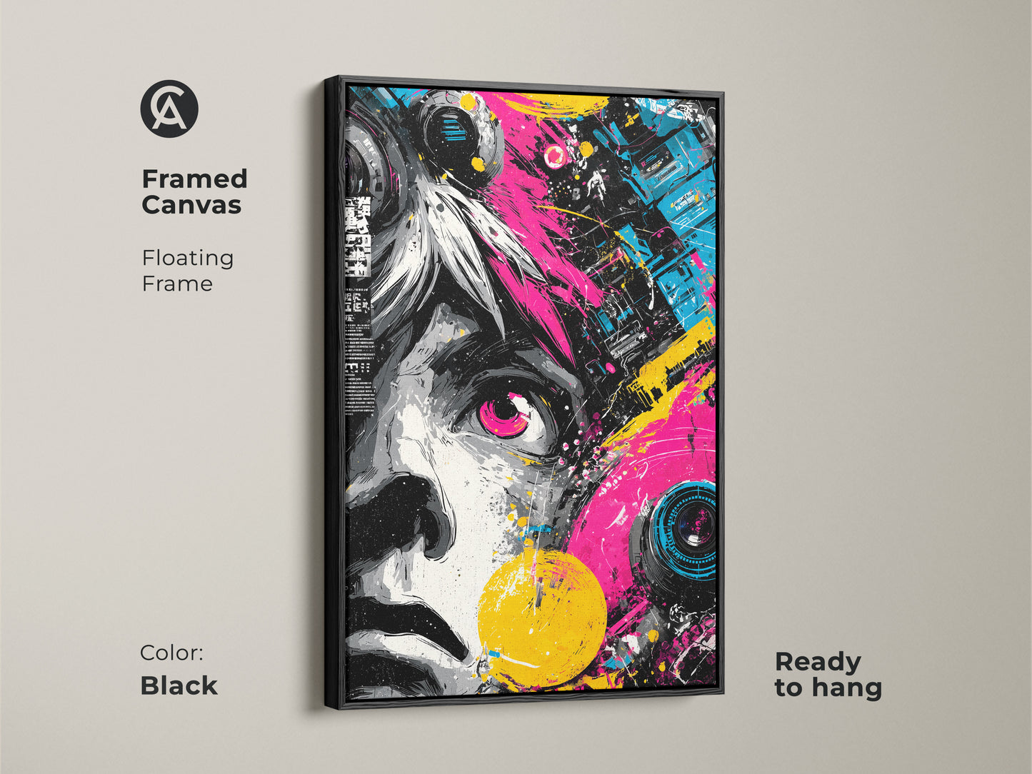 Framed canvas art featuring an abstract portrait. The black floating frame enhances the vibrant colors. This ready to hang artwork brings a modern touch to any room. The bright pink and yellow make it pop. It is an unique wall decor.