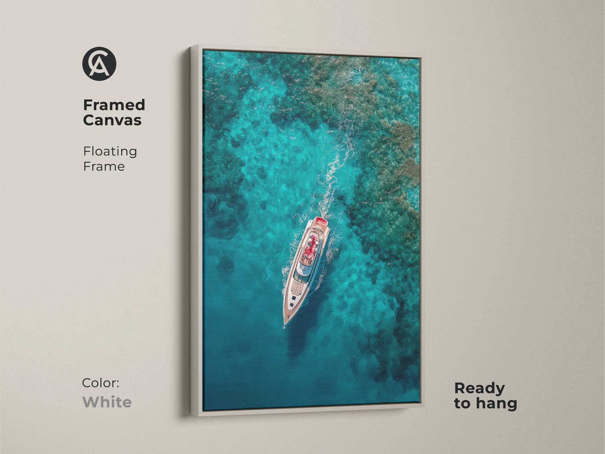 Create a serene ambiance with this framed canvas artwork. This yacht artwork features a floating frame in white. The clear waters complement the yachts sleek design. Ready to hang this art adds a calming touch. Explore our collection.