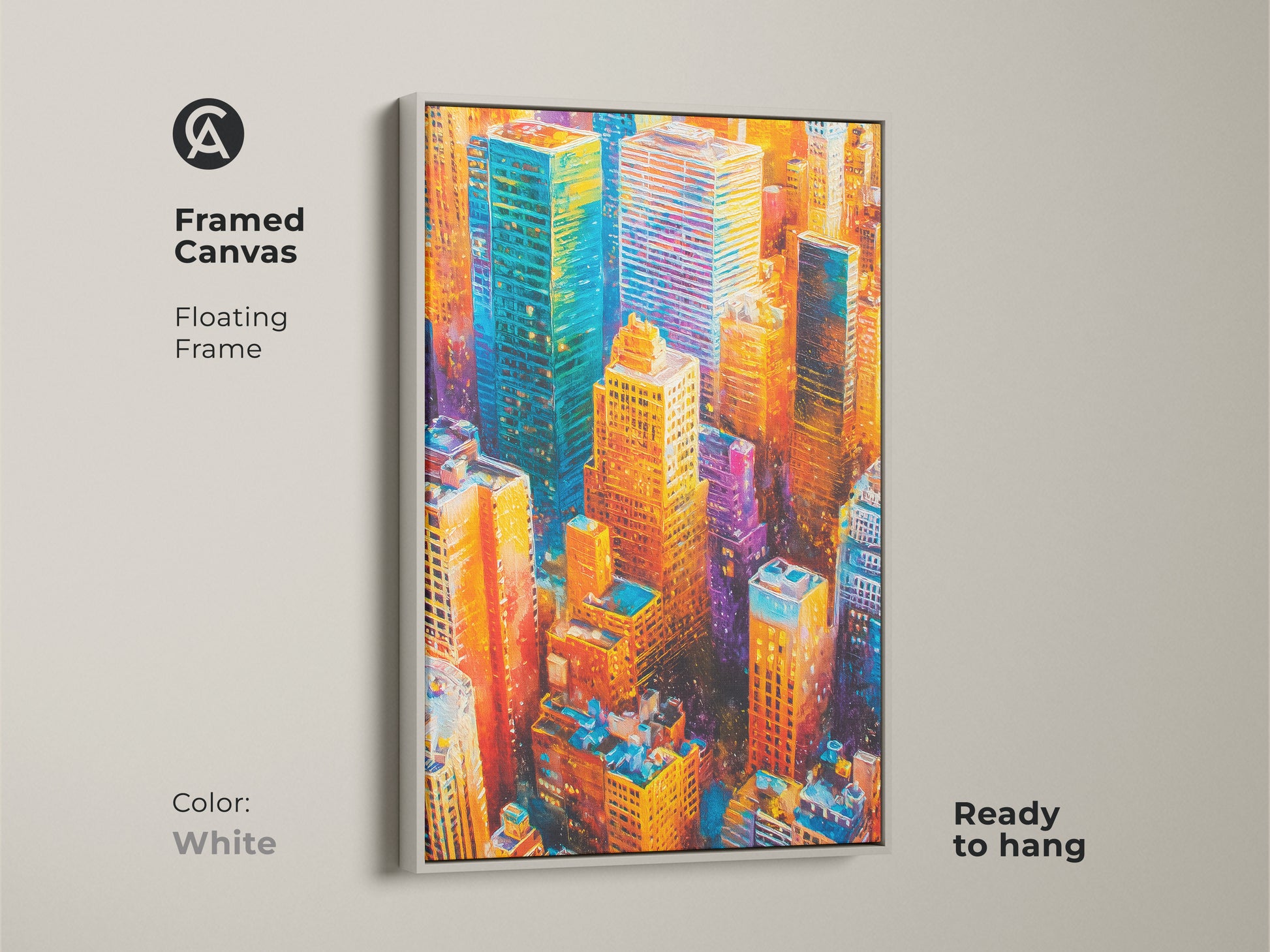 Explore print presentation options for cityscape artwork. Choose from poster prints stretched canvas or framed canvas. Floating frame options include oak white black brown and antique gold. Museum-quality edges and gallery wraps are available. Find the perfect style to showcase this vibrant urban art in your space