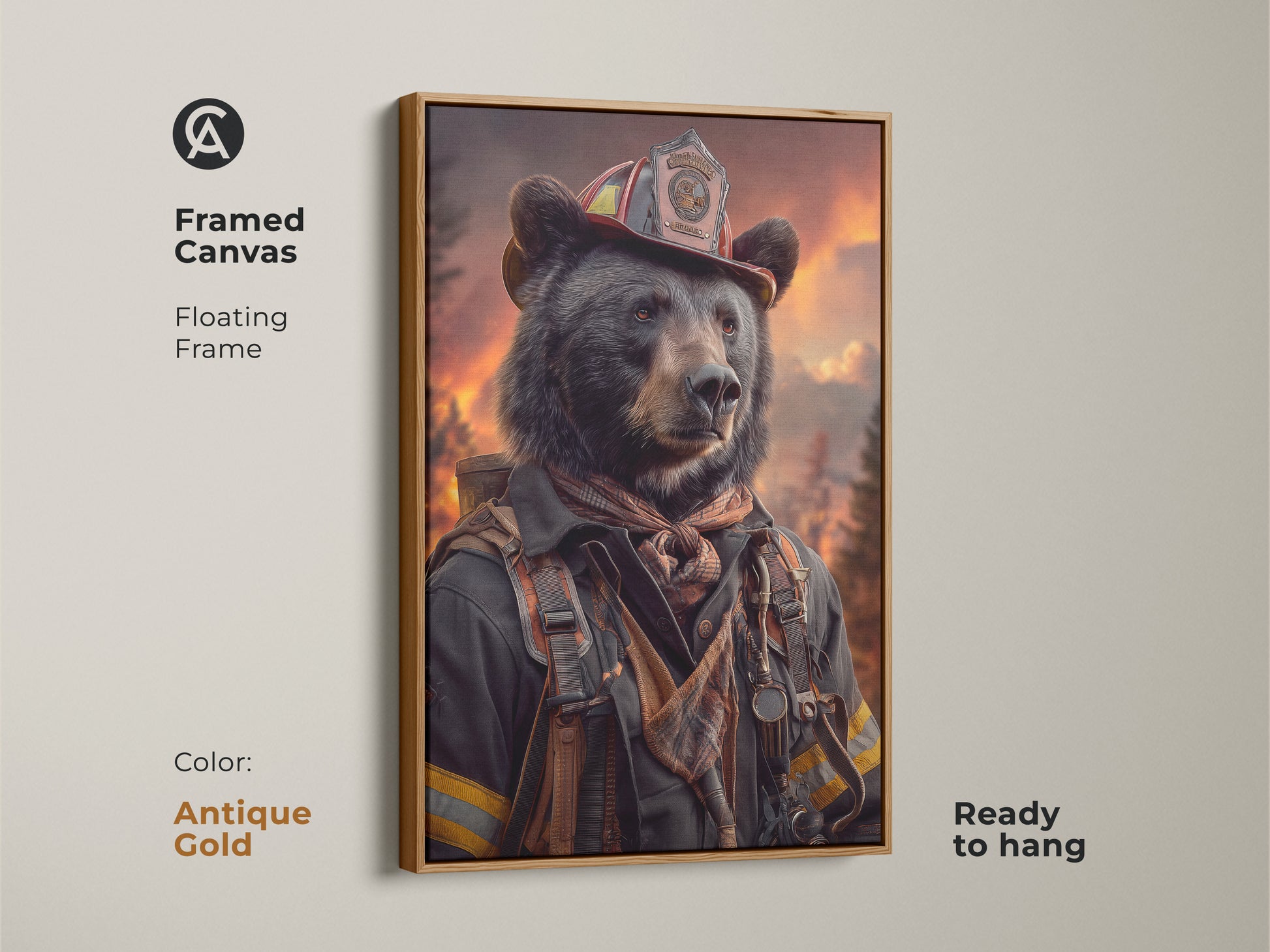 A framed canvas displays a bear dressed as a firefighter inside of an antique gold floating frame. Ready to hang. Ideal for a custom firefighter gift or office man cave decor art.