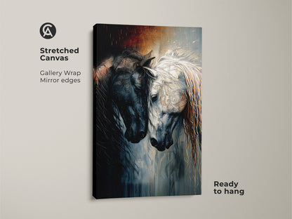 Stretched Canvas Print of Abstract Indigo Horses. Gallery wrapped with mirror edges this black and white equine art is ready to hang. This fantasy animal print makes a unique horse lover gift.