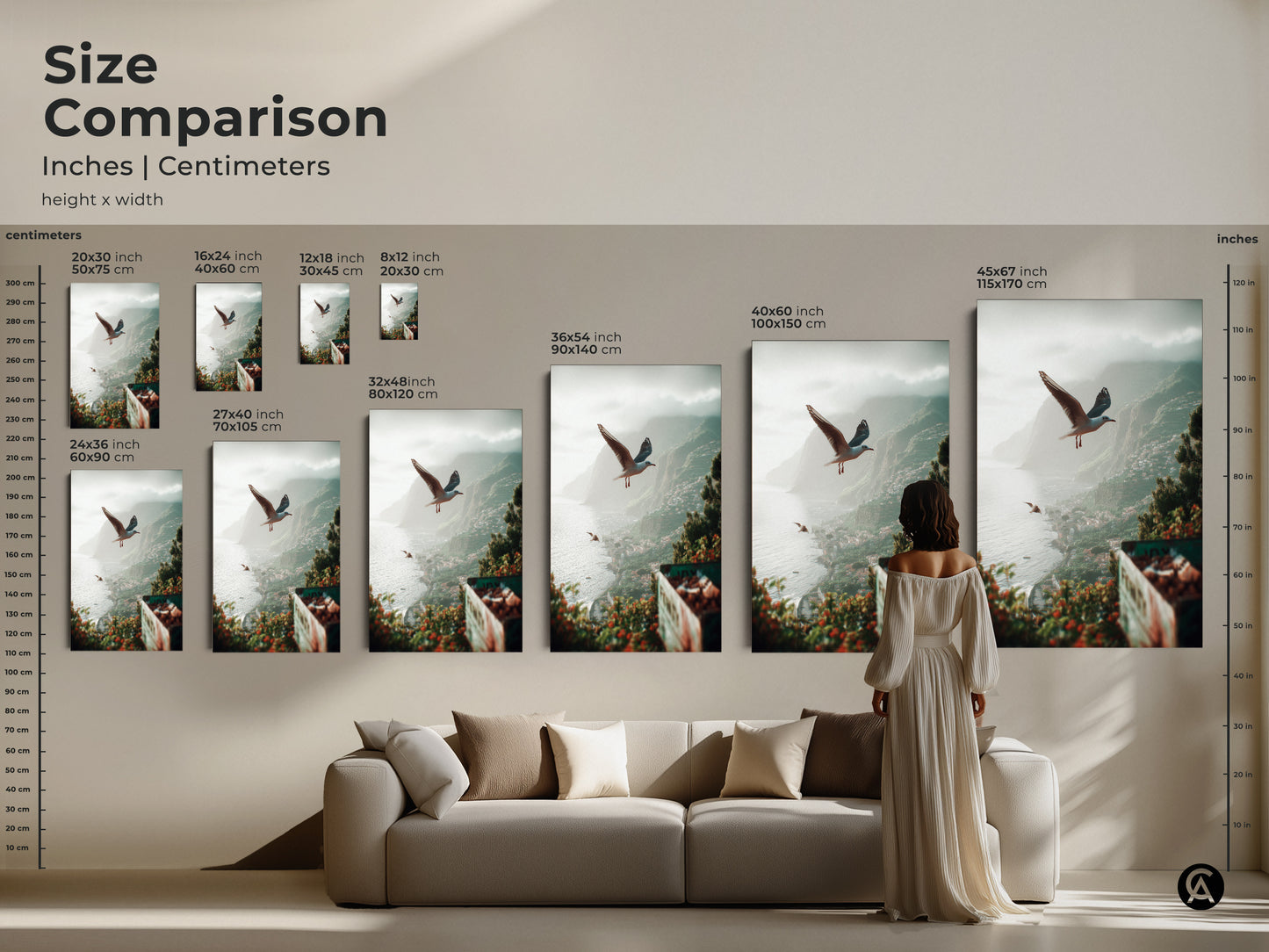 Size Comparison shows the teal green grey coastal art print with seagulls over a seaside town in various sizes. See how this beach landscape art fits above a couch bringing tranquil ocean art to your living room. Perfect coastal home decor gift and travel inspired decor.