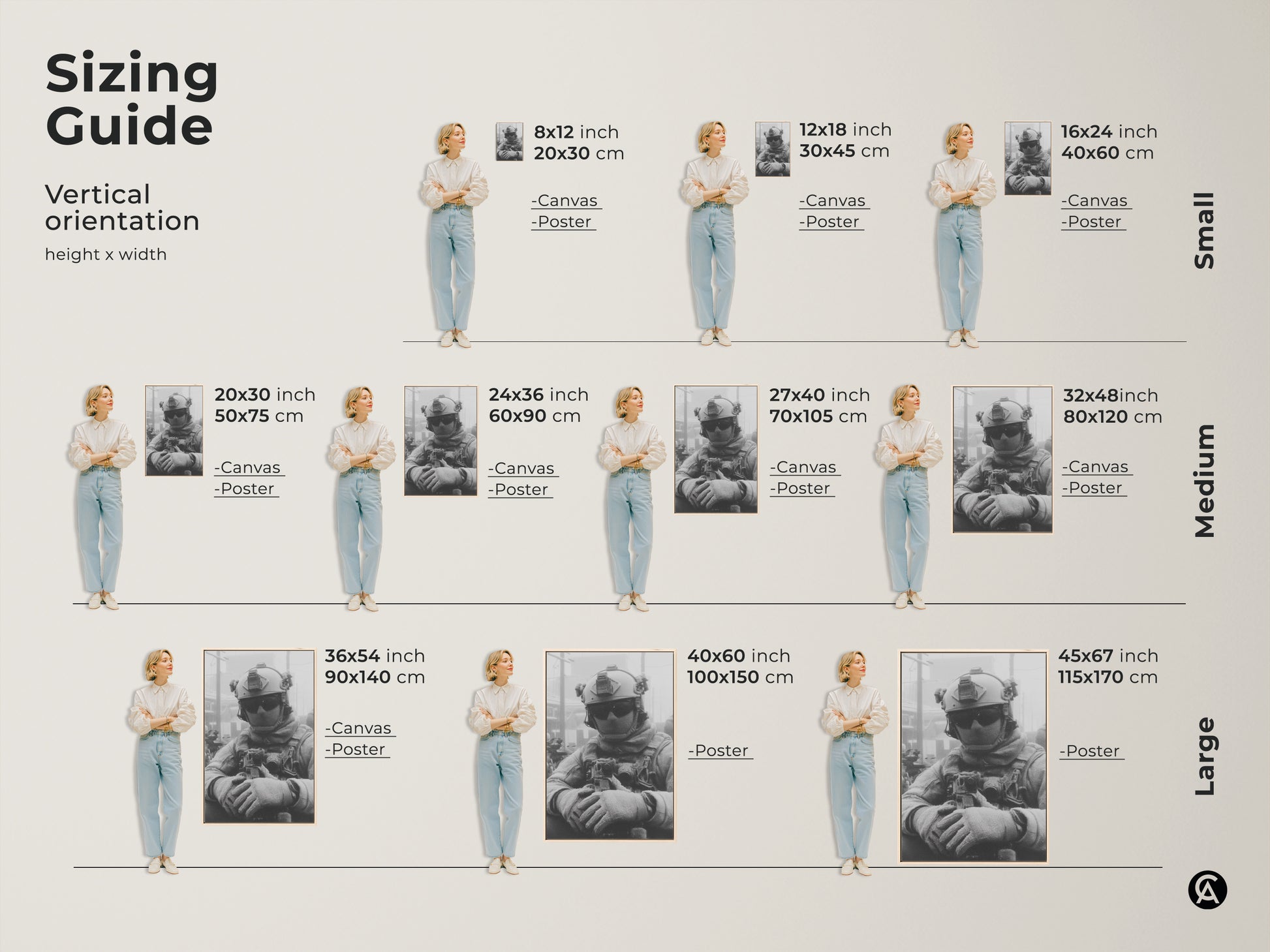 Sizing guide for vertical soldier artwork. Available as canvas or poster in small medium and large sizes. Find the perfect fit for your space with art dimensions from 8x12 to 45x67 inches.