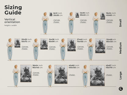 Sizing guide for vertical soldier artwork. Available as canvas or poster in small medium and large sizes. Find the perfect fit for your space with art dimensions from 8x12 to 45x67 inches.