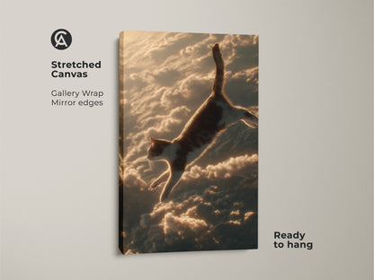 Behold surreal cat canvas art. The feline jumps through clouds in this print. The dreamy decor enhances any eclectic bedroom. An orange brown gold artwork gift.