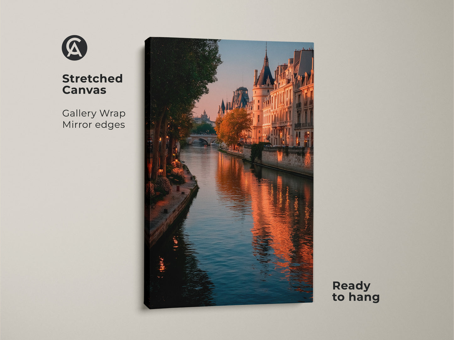 Stretched canvas art featuring a Parisian cityscape. The gallery wrap showcases the Seine River photography with mirror edges. The golden hour highlights Parisian buildings. This canvas print is ready to hang. A contemporary piece bringing French elegance to your home. This is ideal for travel lovers.