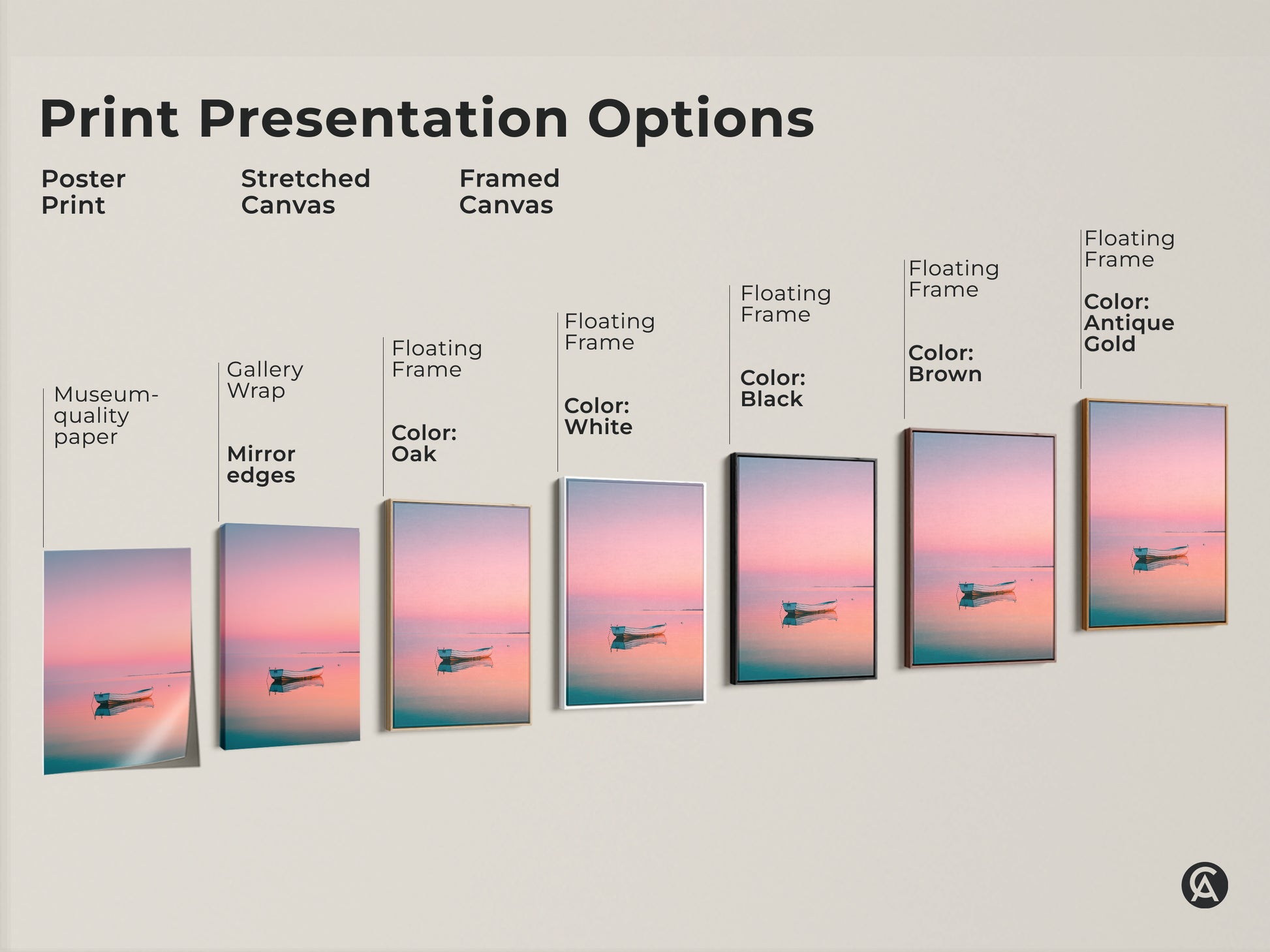Various print presentation options of the boat artwork. Poster print stretched canvas and framed canvas are available. Frame colors include white black brown and antique gold. Museum-quality paper is used.