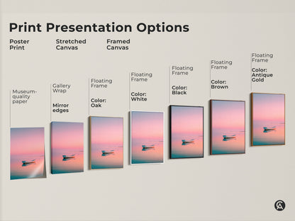 Various print presentation options of the boat artwork. Poster print stretched canvas and framed canvas are available. Frame colors include white black brown and antique gold. Museum-quality paper is used.