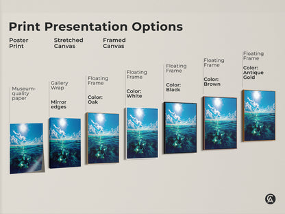 Print presentation options for ocean waves art. Poster print stretched canvas and framed canvas options. Deep blue sea artwork with sunlight reflection. Museum quality paper with mirror edges and floating frames in oak white black brown and antique gold.