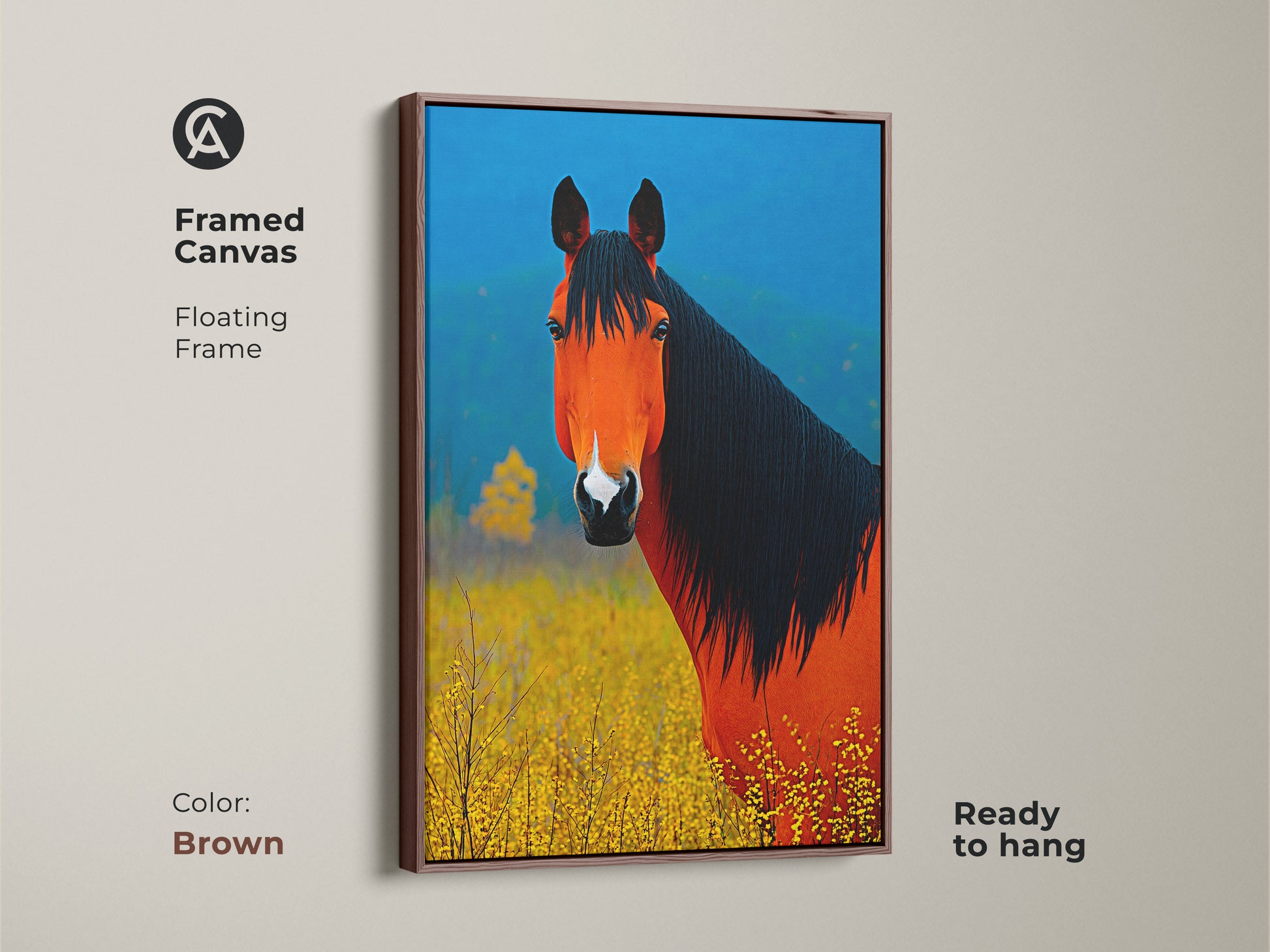 Framed Canvas with a brown floating frame showing off the orange and blue horse. This equestrian canvas print enhances any room. It's ideal farmhouse wall decor. A thoughtful gift for animal and horse lovers. Ready to hang
