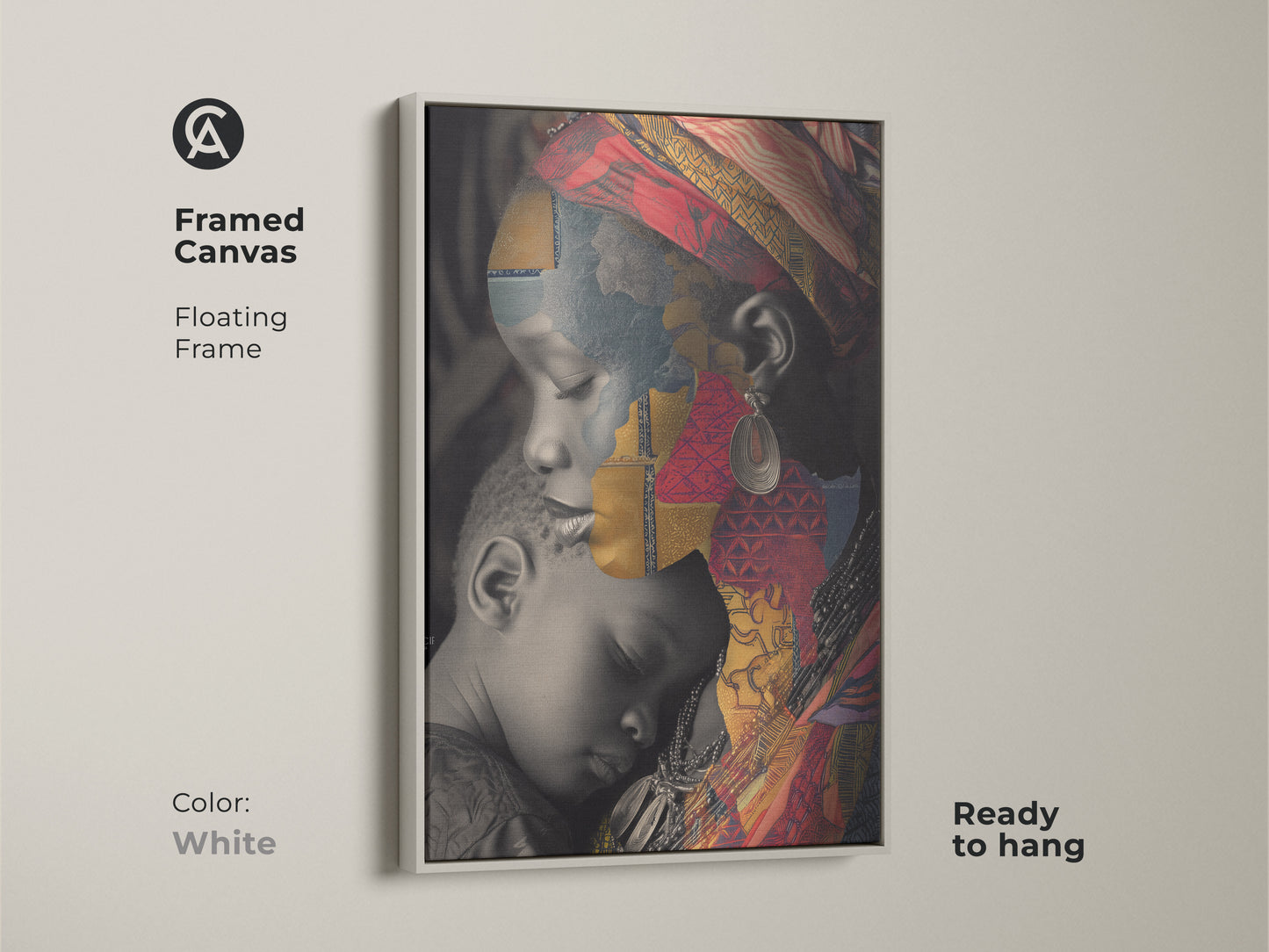 Framed canvas showcasing an African Mother and Child cultural collage. The white floating frame highlights the red gold and blue abstract art. This eclectic home decor print is ready to hang as a unique family portrait.