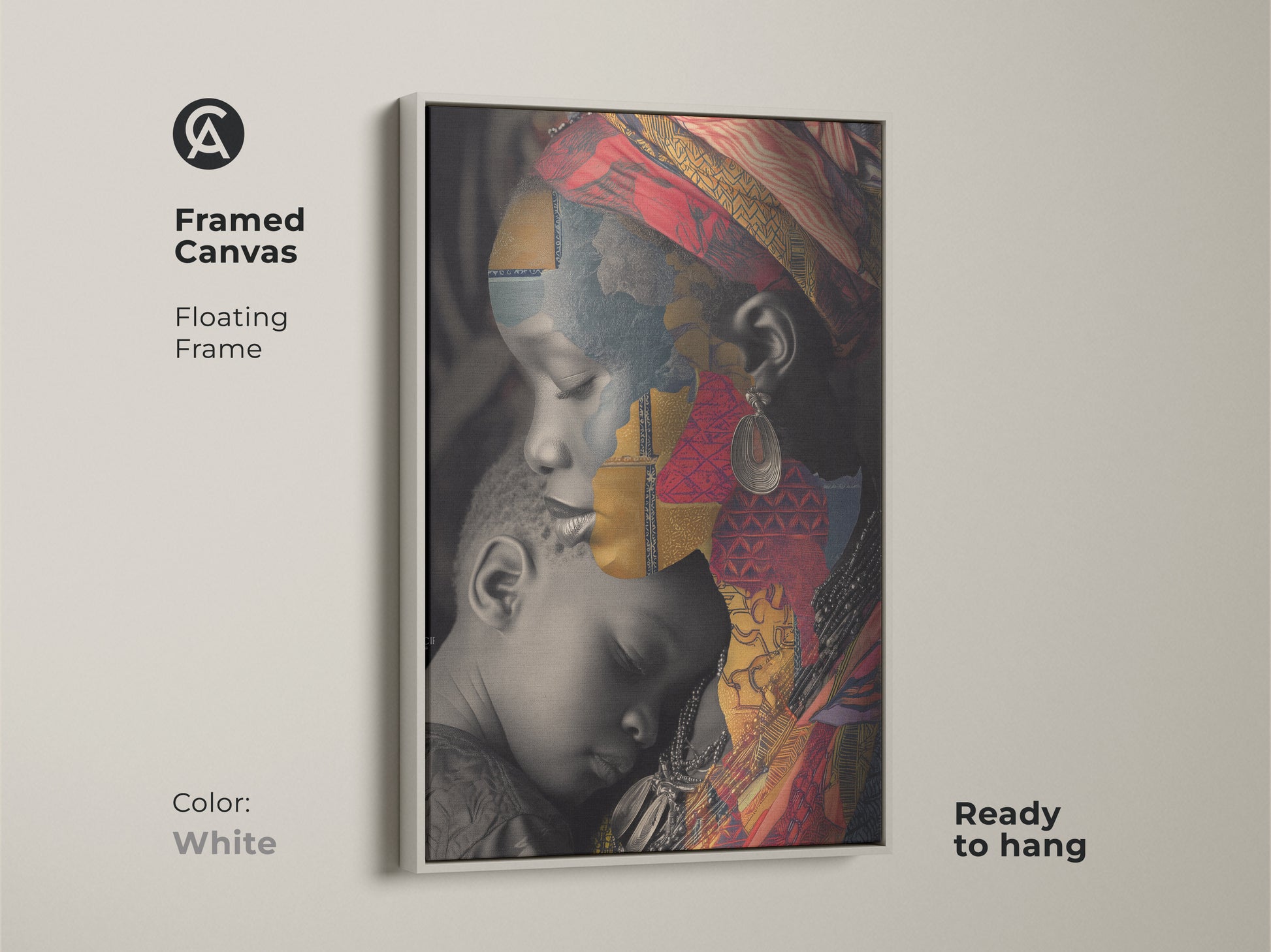 Framed canvas showcasing an African Mother and Child cultural collage. The white floating frame highlights the red gold and blue abstract art. This eclectic home decor print is ready to hang as a unique family portrait.