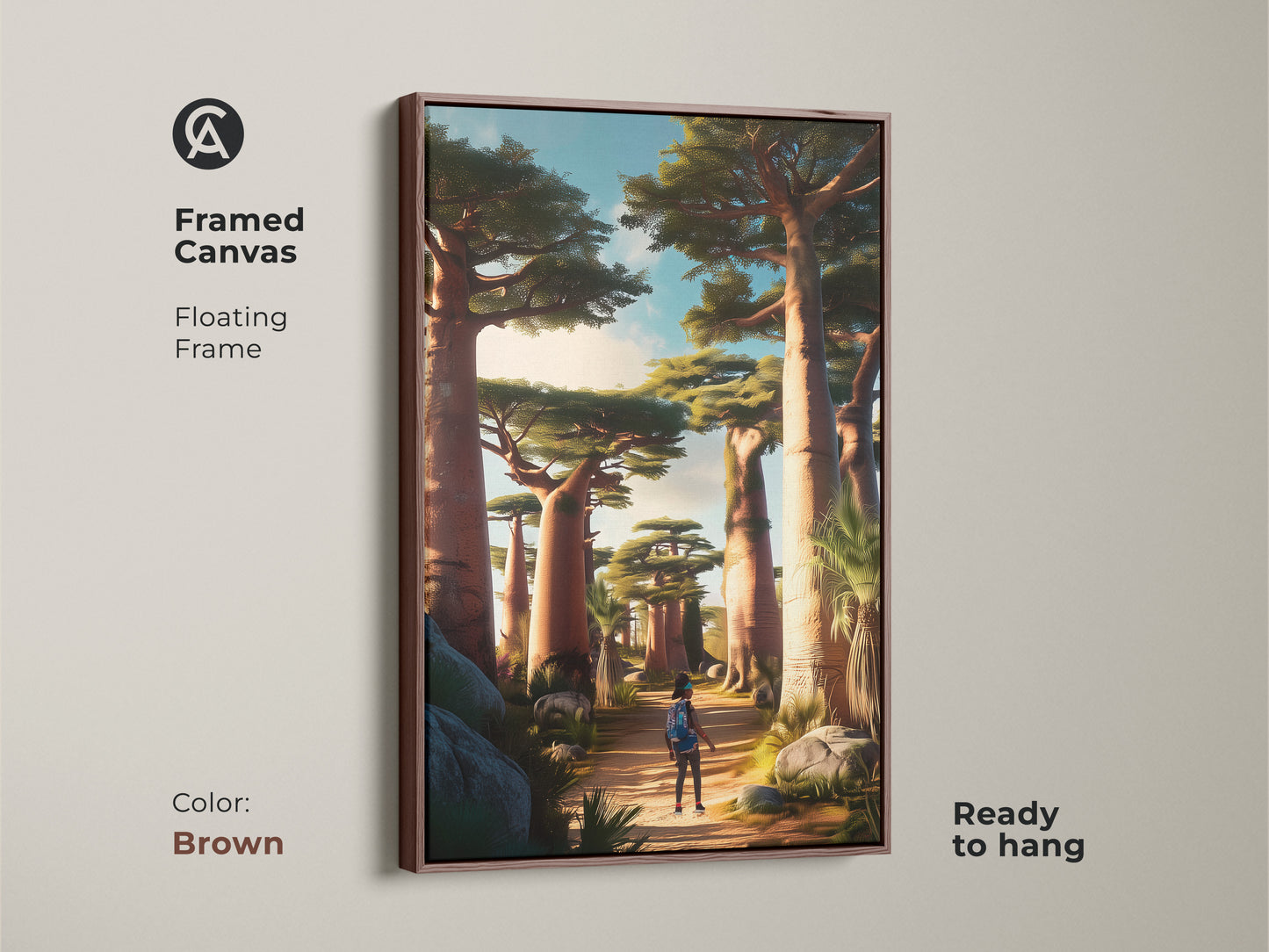 Framed canvas of African Baobab Trees art. The brown floating frame complements the earth tone landscape. A traveler is seen on the scenic path. Ready to hang this artwork enhances residential art decor.