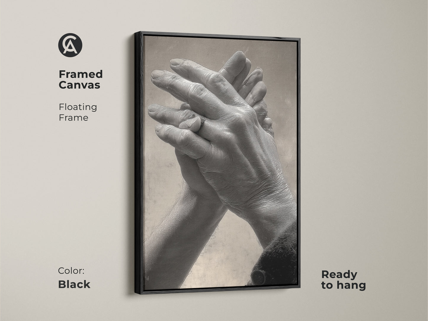 Black framed canvas featuring intertwined hands. Floating frame enhances this contemporary abstract art. Black and white anniversary gift for bedroom decor. Ready to hang and adds a modern touch to any space.