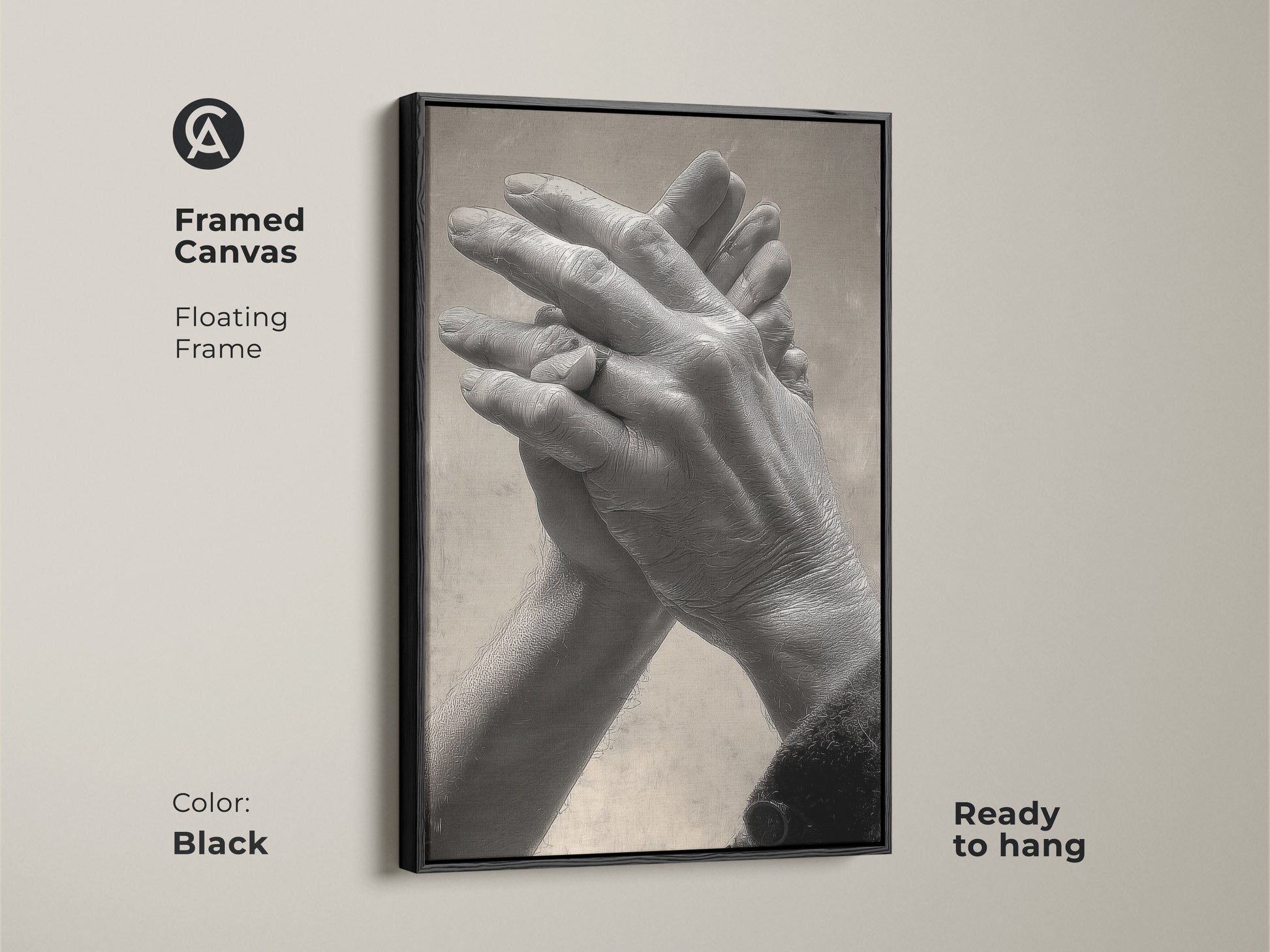 Black framed canvas featuring intertwined hands. Floating frame enhances this contemporary abstract art. Black and white anniversary gift for bedroom decor. Ready to hang and adds a modern touch to any space.
