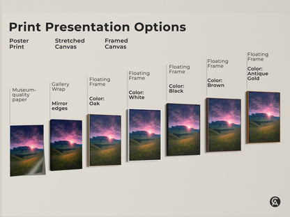 Print presentation options are displayed. Poster prints show museum-quality paper. Stretched canvases show gallery wrap and mirror edges. Framed canvases show floating frames. Colors include oak white black brown and antique gold. Find the perfect mountain sunset art for your space.