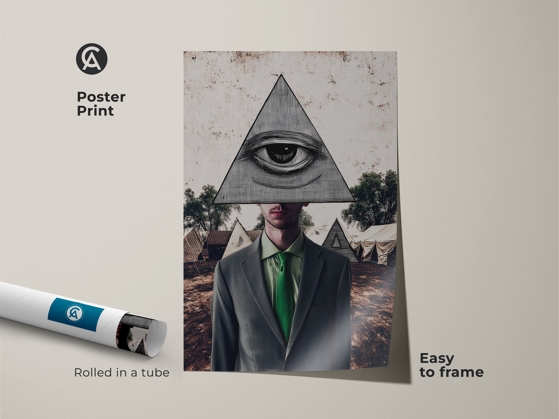 Poster print featuring symbolic artwork. This pyramid man art is an all-seeing eye print. Rolled and easy to frame this surrealist collage art is great eclectic office decor.