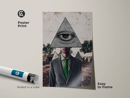Poster print featuring symbolic artwork. This pyramid man art is an all-seeing eye print. Rolled and easy to frame this surrealist collage art is great eclectic office decor.