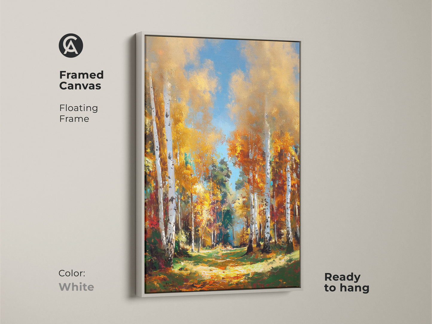 Framed canvas artwork with a white floating frame. This ready-to-hang print captures a colorful birch forest. The fine art piece adds a touch of nature to your home.