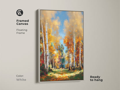 Framed canvas artwork with a white floating frame. This ready-to-hang print captures a colorful birch forest. The fine art piece adds a touch of nature to your home.