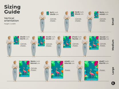 Sizing guide showing various vertical orientation sizes of the flamingo canvas and poster prints. Find small medium and large sizes to fit your space. Perfect housewarming gift idea.