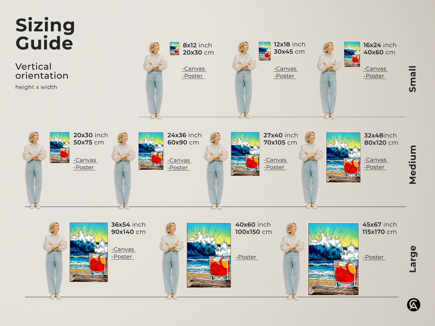 Sizing Guide for Vertical Coastal Cocktail artwork. Small medium and large sizes are available. Perfect housewarming gift drink art for your kitchen or bar. Canvas and poster options.