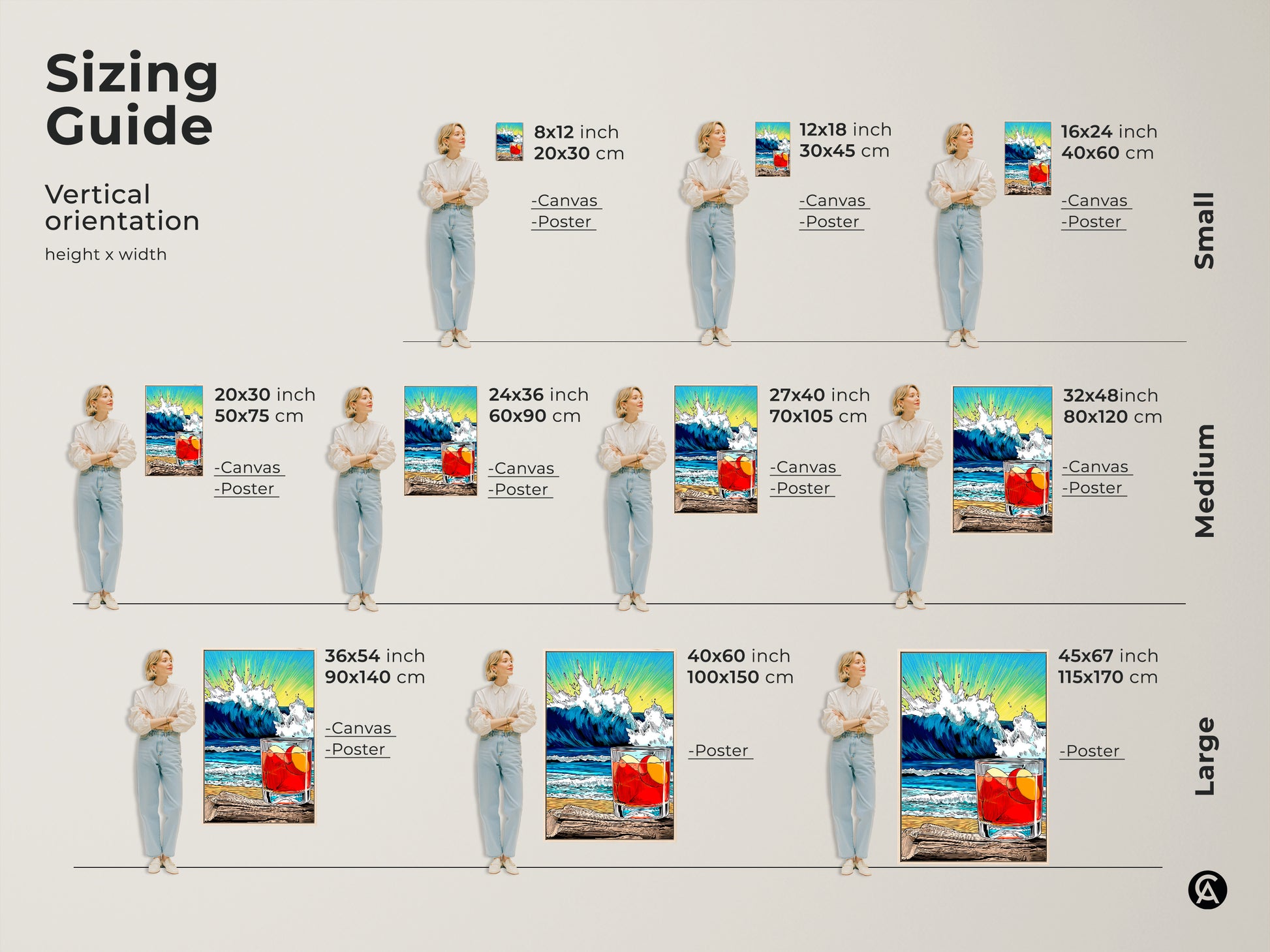 Sizing Guide for Vertical Coastal Cocktail artwork. Small medium and large sizes are available. Perfect housewarming gift drink art for your kitchen or bar. Canvas and poster options.