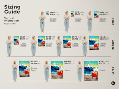 Sizing Guide for Vertical Coastal Cocktail artwork. Small medium and large sizes are available. Perfect housewarming gift drink art for your kitchen or bar. Canvas and poster options.