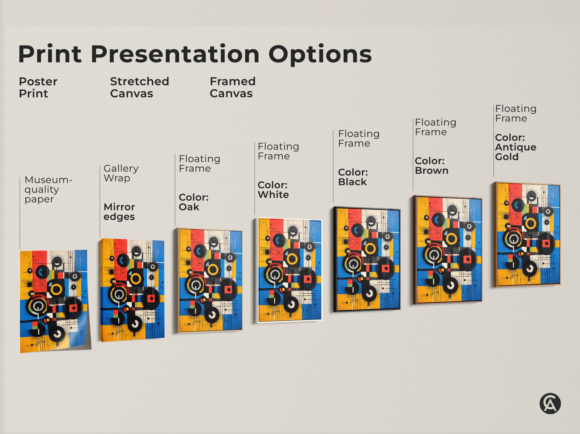 Explore print presentation options for Mid-Century Modern abstract art. Choose from poster prints stretched canvas or framed canvas in various styles. Each option features geometric circles and squares in yellow blue and red colors.