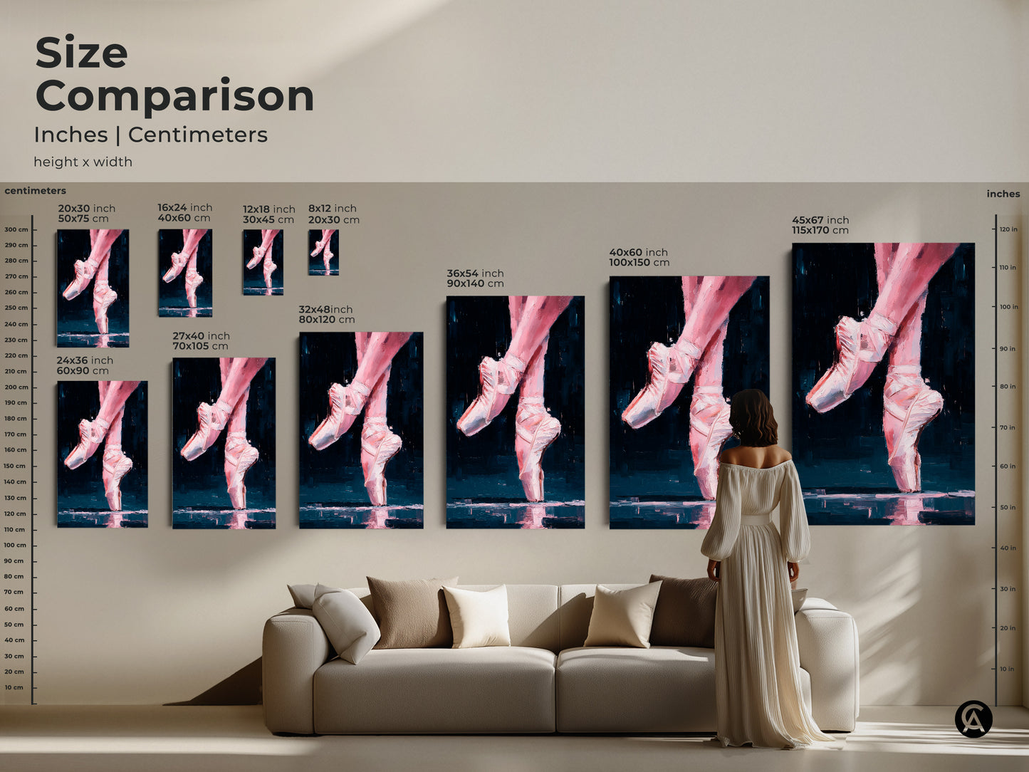 Size comparison of ballerina feet artwork in inches and centimeters. Visualize the different sizes in a living room setting. Available as canvas or poster. Choose the ideal size for your home decor needs now.