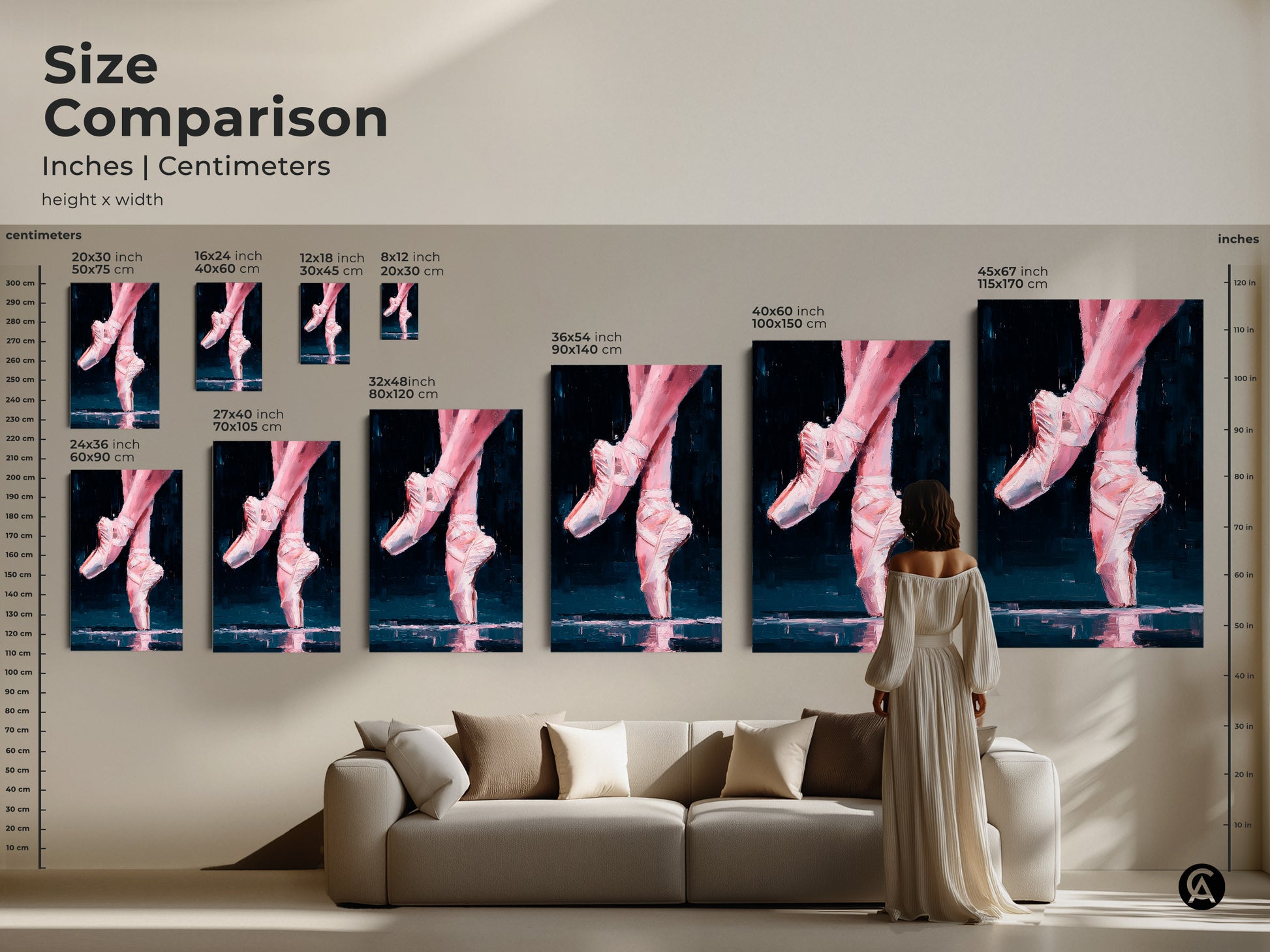 Size comparison of ballerina feet artwork in inches and centimeters. Visualize the different sizes in a living room setting. Available as canvas or poster. Choose the ideal size for your home decor needs now.