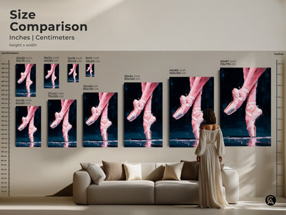 Size comparison of ballerina feet artwork in inches and centimeters. Visualize the different sizes in a living room setting. Available as canvas or poster. Choose the ideal size for your home decor needs now.