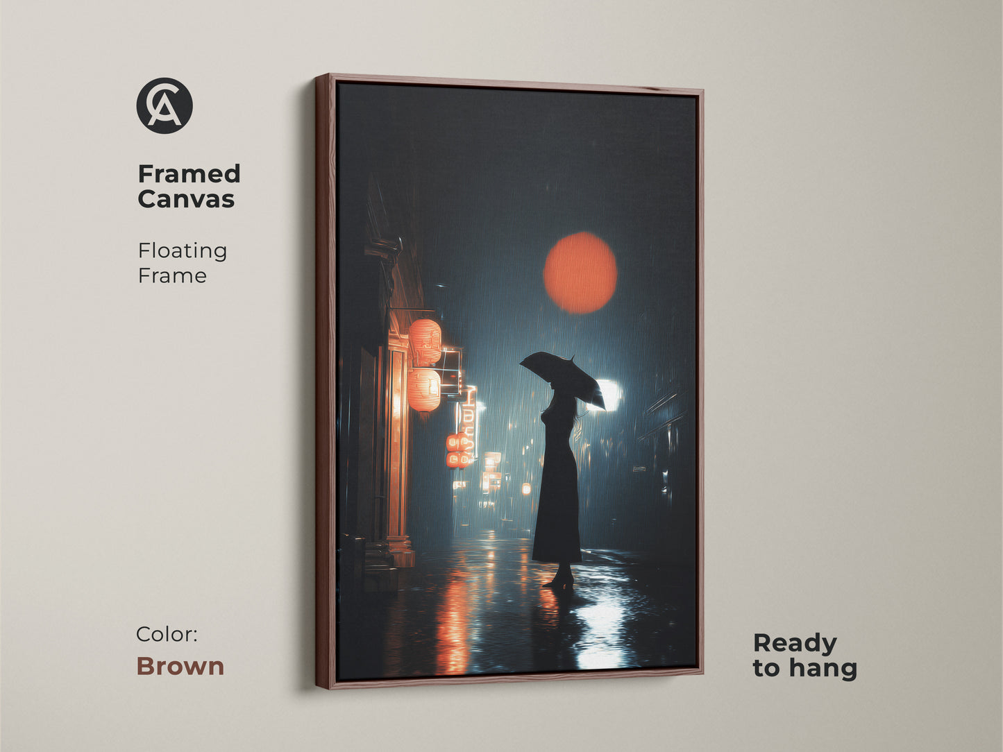 Brown framed canvas art shows a cinematic urban cityscape. A woman with an umbrella walks on a rainy night street. Red lanterns and orange sun art give travel decor. Great housewarming gift.
