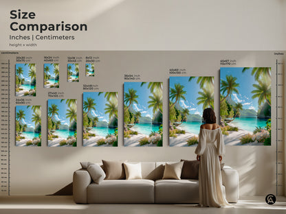 Size comparison of beach artwork prints. See how canvas and poster prints fit above a sofa. Sizes range from 8x12 to 45x67 inches. Visualize the impact of each size in your living room. Enhance your home with tropical art.