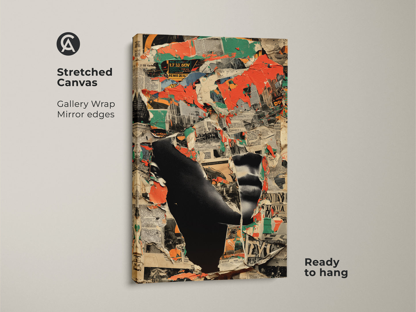 A Stretched Canvas Print of Abstract Collage Art. The gallery wrap has mirror edges. The urban deconstructivist cityscape artwork is ready to hang. It features red black and green tones.