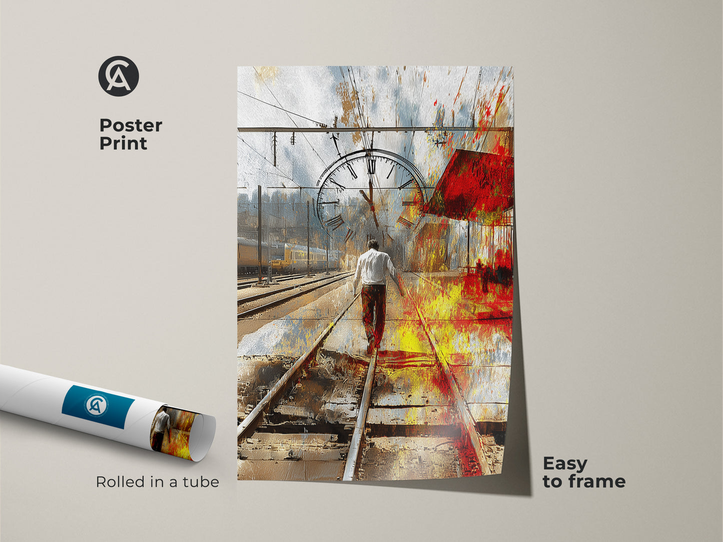 Poster Print featuring abstract train station art. A surreal man is walking on canvas near a time passing clock. This eclectic office wall decor is rolled in a tube for easy framing. It is an expressionalism canvas print.