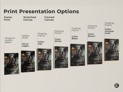 Explore print presentation options. Choose from poster print stretched canvas or framed canvas. Each option showcases a charming hippo chef artwork ready to bake. Add a touch of humor and eclectic style to any kitchen or dining space. Perfect as a unique kitchen art.