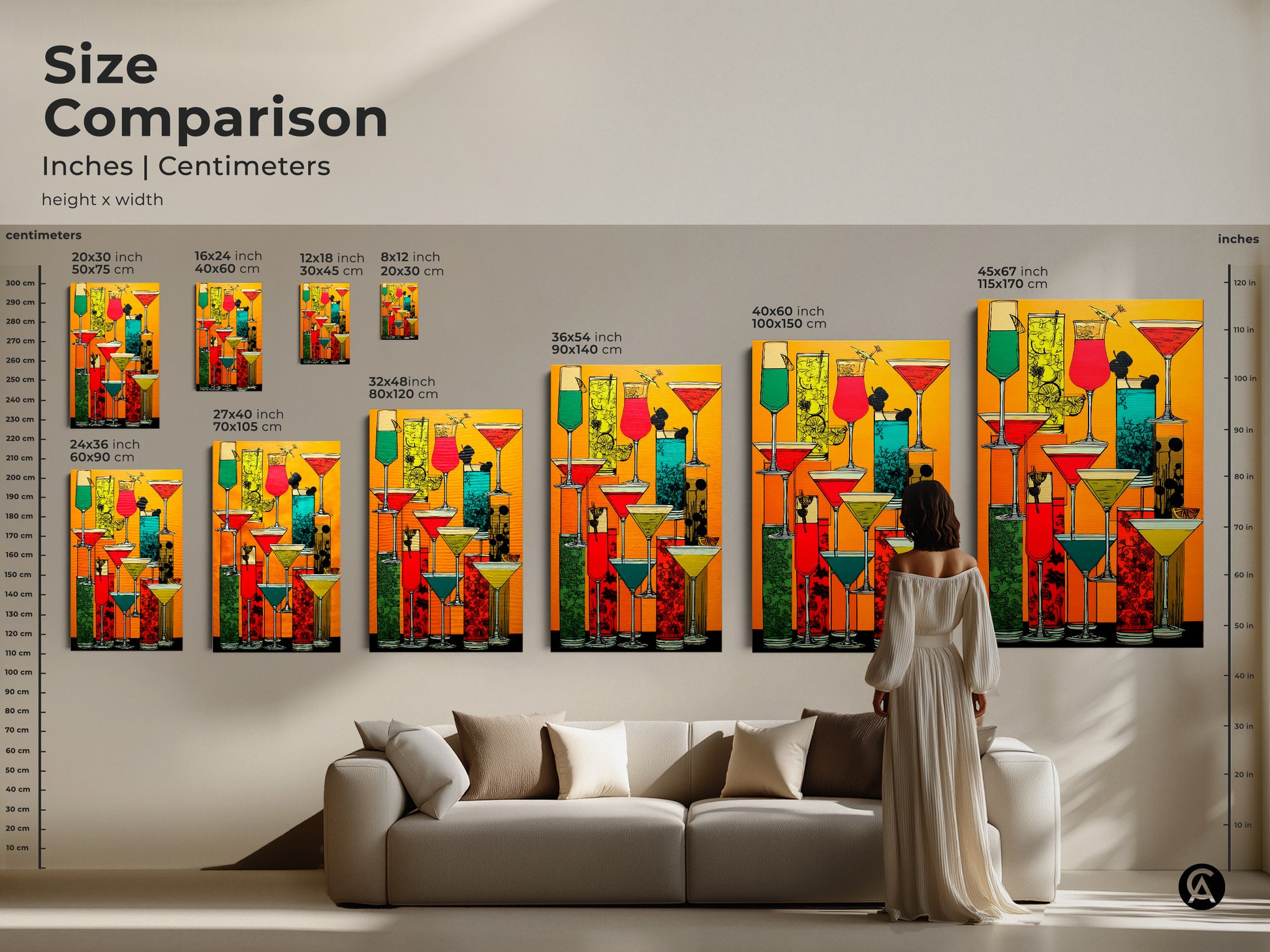 Size comparison featuring retro cocktail artwork. See how the modern folk style drink print looks in different sizes. Visualize canvas art above a sofa and on a wall to enhance your space. This shows the scale of eclectic bar area decor options.