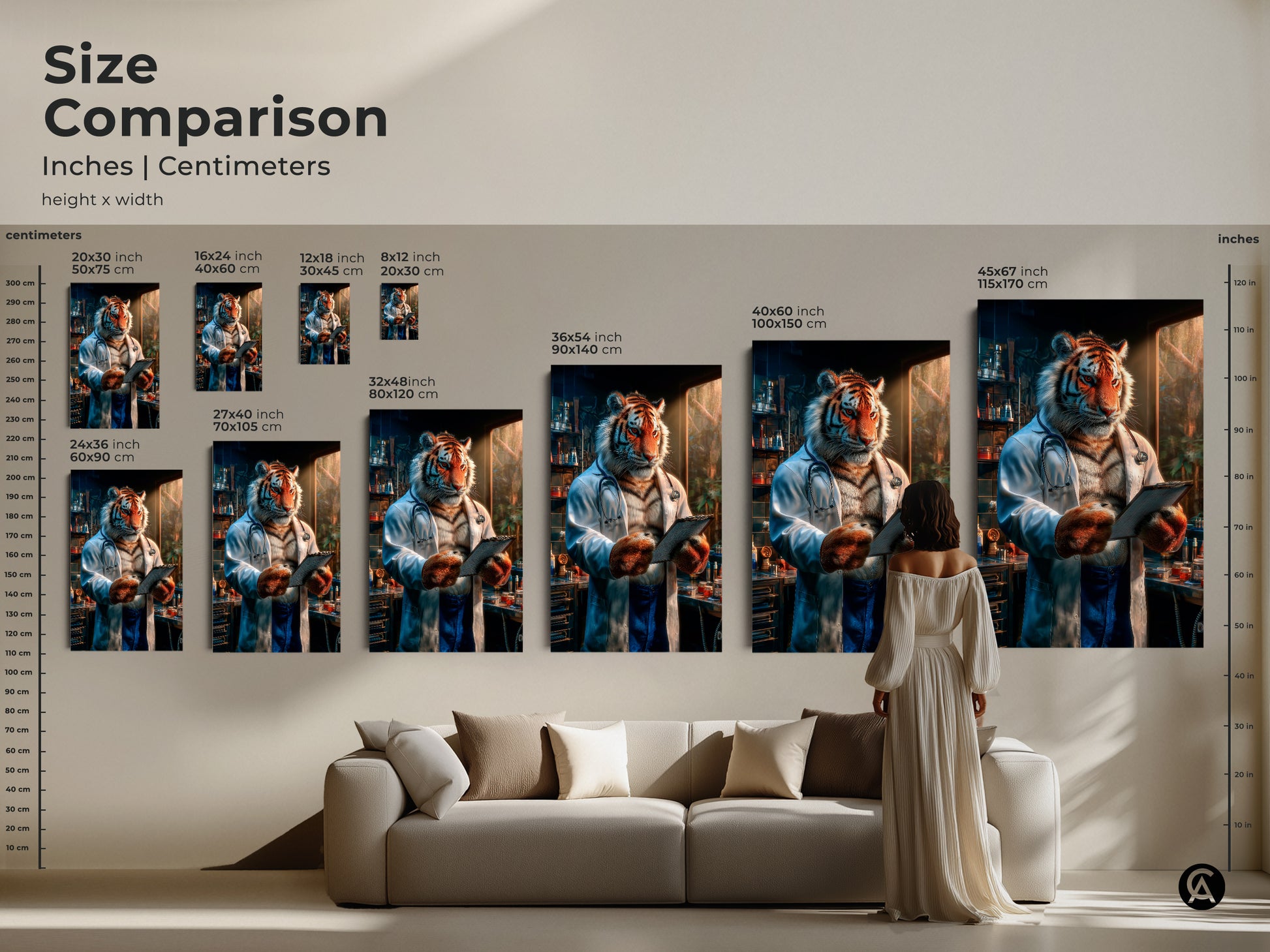 Size comparison of tiger doctor art in inches and centimeters. See how the artwork looks in different sizes. Find the perfect size for your space. This animal art is perfect for doctors offices